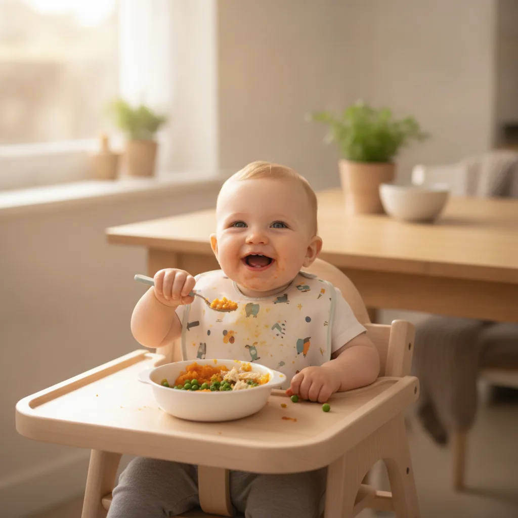 Bebê feliz comendo um pratinho colorido com legumes e frango desfiado, cardápio bebê 8 meses